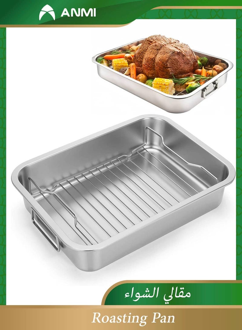Anmi Stainless Steel Roasting Pan with Grill Rack & Handle - High Sided Easy to Clean Induction Oven Tray for Chicken Vegetable Lasagna - Image 1